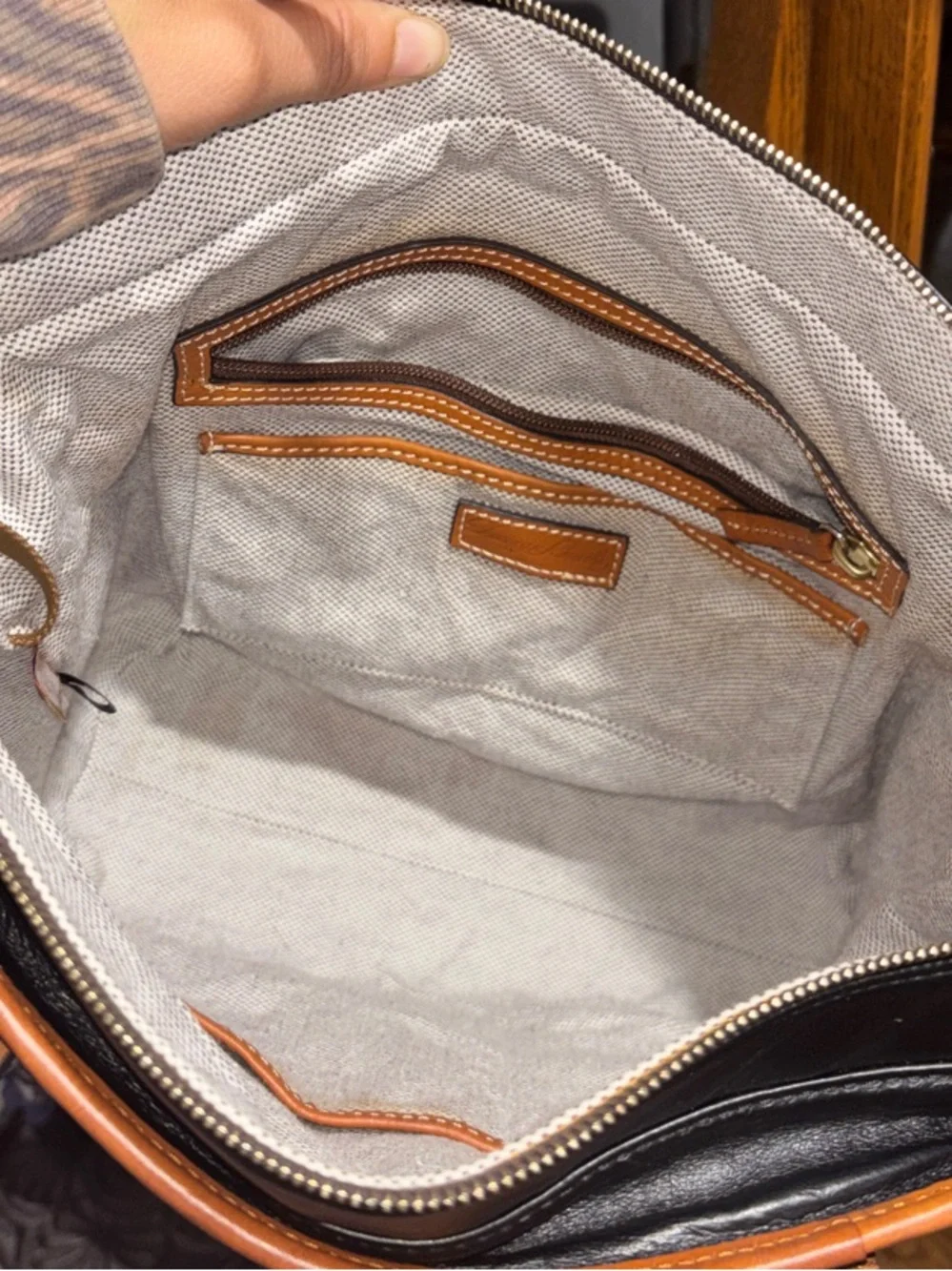 Dooney & Bourke Black Leather Tote with Tan Trim and Handles